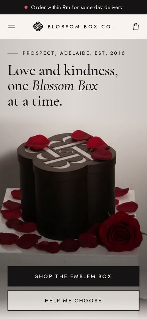 Blossom Box Co concept home page on a phone