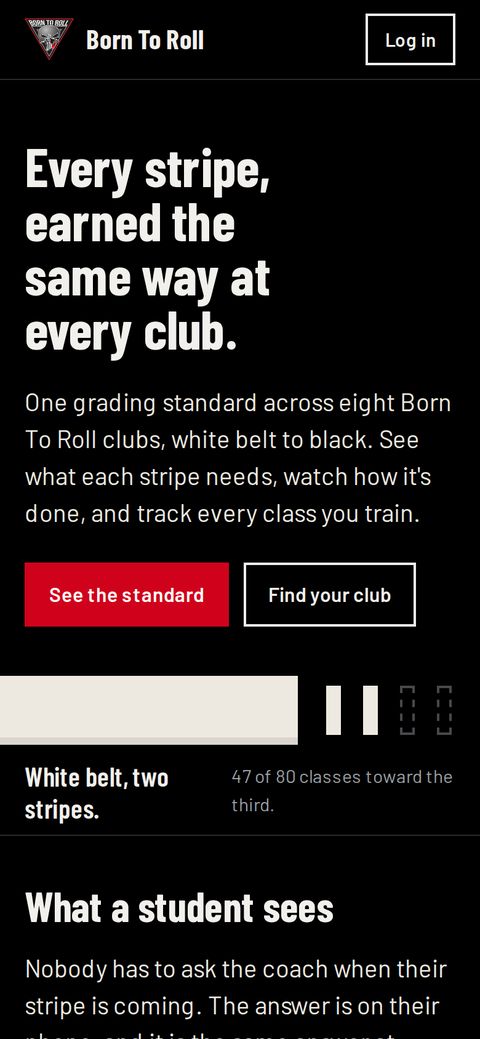 Born To Roll platform concept home page on a phone