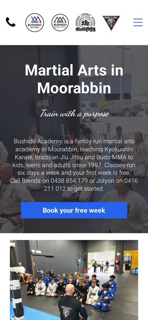 Bushido Academy home page on a phone