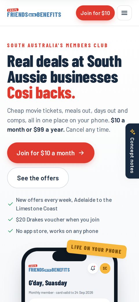Friends With Benefits concept home page on a phone