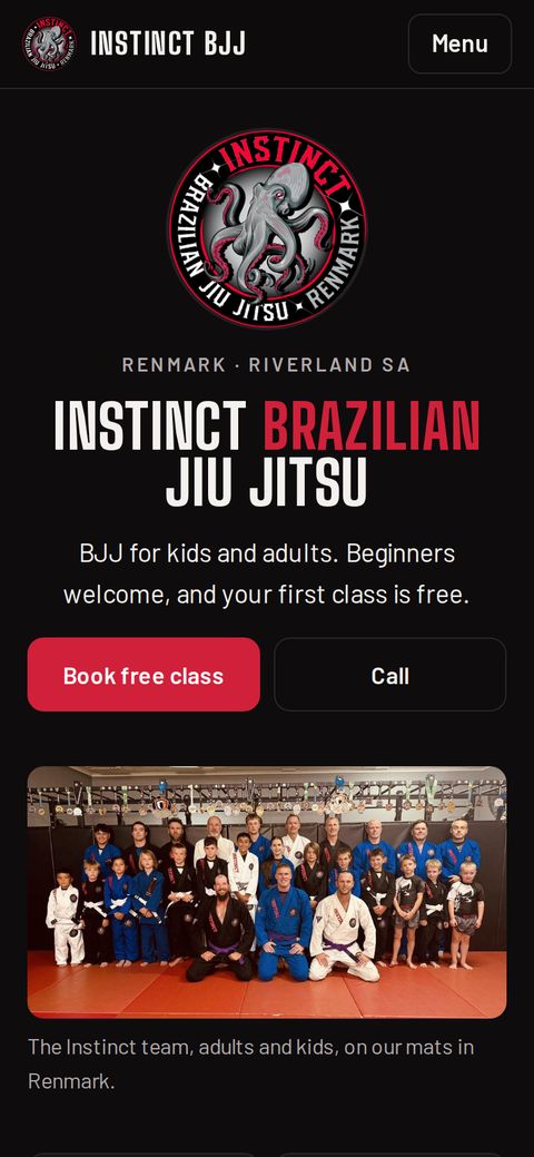 Instinct Brazilian Jiu Jitsu home page on a phone